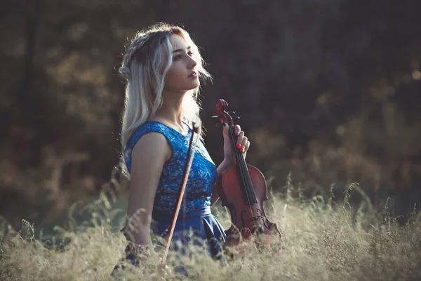 Retrato de una joven fabulosamente hermosa chica en un vestido con un violín sentado en hierba seca en meadoe al amanecer, mujer tocando un instrumento musical con inspiración relajante en la naturaleza — Foto de Stock