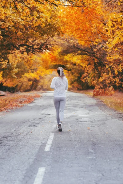 アスファルト道路を走るスポーツウェアを着た若い女性の背中秋の日に屋外でスポーツに従事し、コンセプト健康的なライフスタイルとボディケア — ストック写真