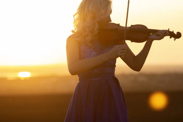 Retrato romántico de niña tocando el violín al atardecer en el campo, mujer relajándose en la música, actuación en la naturaleza, arte conceptual y hobby — Foto de Stock