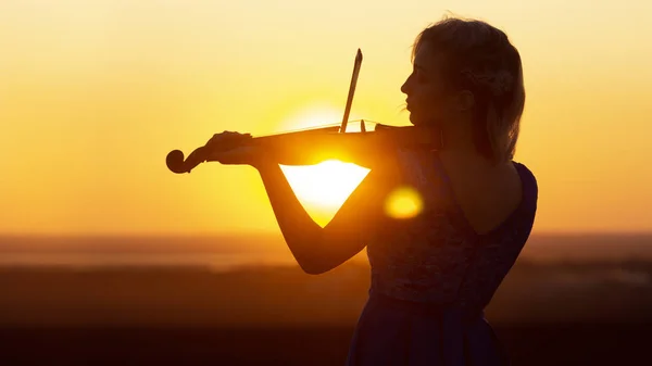 Silueta del perfil facial de una figura femenina tocando el violín al atardecer, actuación sobre la naturaleza, chica con instrumento musical bajo la barbilla, concepto de arte musical — Foto de Stock