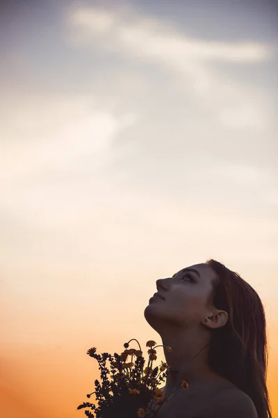 Silhouette Bella Ragazza Con Mazzo Fiori Campo Sullo Sfondo Del — Foto Stock