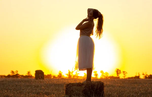 silhouette woman figures at sunset standing on hay stack, beautiful romantic girl with long hair posing outdoors in field walking in evening