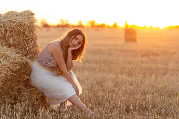 Happy Woman Sitting Hay Stack Walking Summer Evening Beautiful Romantic Stock Picture