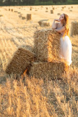 Genç bir kadın yaz akşamı samanlıkta yürürken, gün batımında açık havada uzun saçlı güzel romantik bir kız.