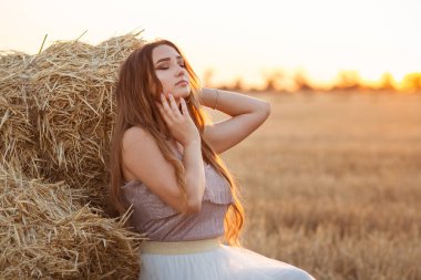 Mutlu kadın samanlıkta oturuyor yaz akşamı yürüyor, güzel romantik kız gün batımında açık havada uzun saçlı.
