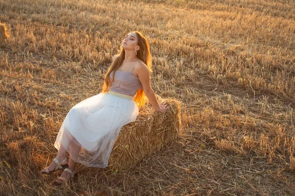 ハッピー女性座っている干し草の山の上を歩く夏の夜 美しいロマンチックな女の子とともに長い髪屋外でフィールドで日没 — ストック写真