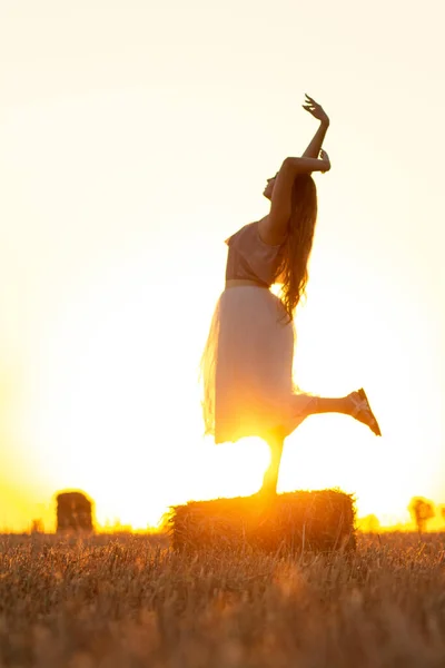 silhouette woman figure at sunset standing on hay stack, beautiful romantic girl with long hair posing outdoors in field, freedom concept