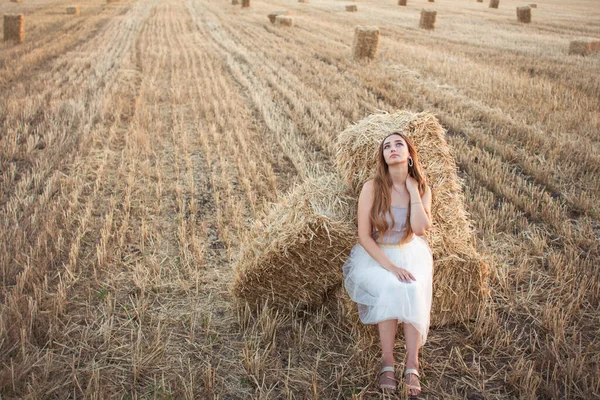 Donna Felice Seduta Sul Pagliaio Passeggiando Estate Sera Bella Ragazza — Foto Stock