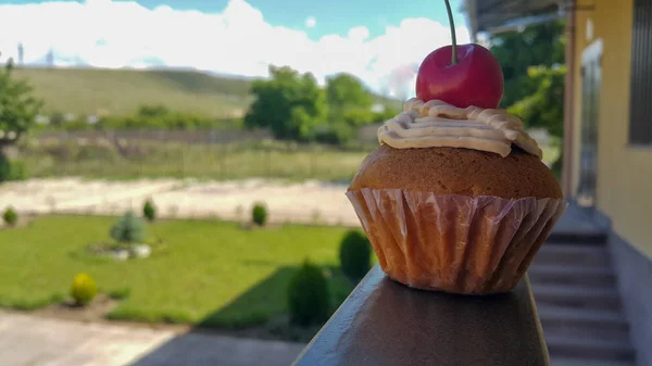 Cupcake Tejszínnel Cseresznyés Háttérben Kert Ház Mellett Másolás Hely Szöveg — Stock Fotó