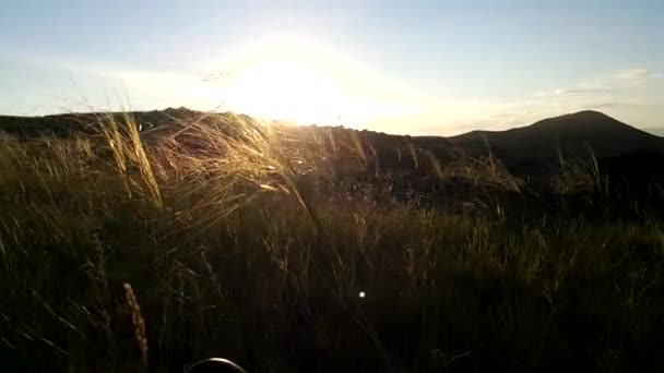 美しくまばゆい夕日 太陽は山の後ろに沈み 空に美しい色を作り出します 柔らかい風と草の波紋 4Kビデオ 日没の抗ストレス — ストック動画