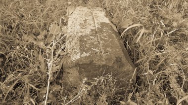 Antik Ermeni mezarlığı. 1800 'lerin Christian Grave' i. Gömme yeri. Mezar taşı oyulmuş. Çok eski taşlardan. Eski dünyanın anısına bir anıt. Tarihsel bellek.