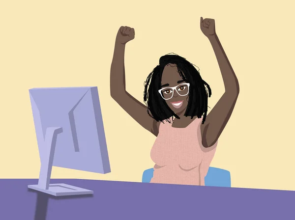 Happy Girl Sitting Computer — Stock Photo, Image