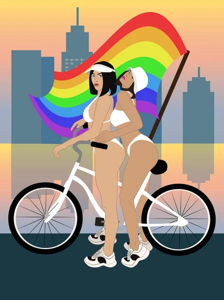 Ilustração Belas Namoradas Uma Bicicleta — Fotografia de Stock