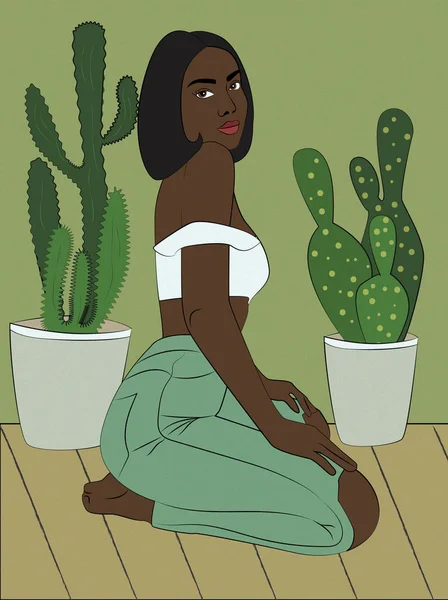 Hezká Dívka Sedí Vedle Kaktusů — Stock fotografie