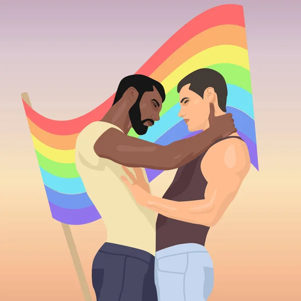 Två Homosexuella Män Kramas Mot Bakgrund Regnbåge Flagga — Stockfoto