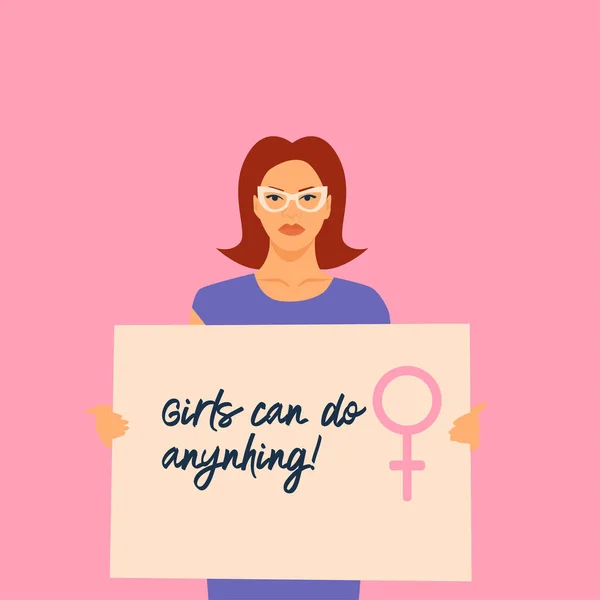 Uma Menina Feminista Segura Cartaz Lendo Meninas Podem Fazer Qualquer — Fotografia de Stock
