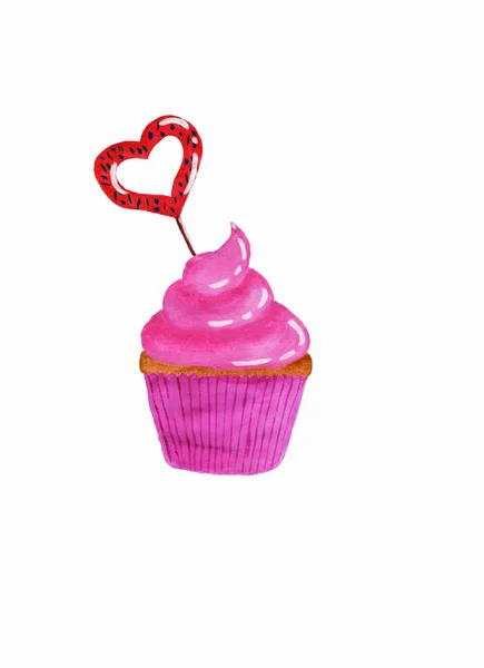 Cupcake Com Creme Rosa Caramelo Forma Coração — Fotografia de Stock