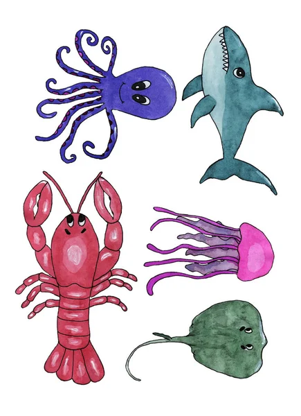 Set the inhabitants of the sea lobster jellyfish Stingray octopu — Stock Image Set the inhabitants of the sea lobster jellyfish Stingray octopu Stock Image