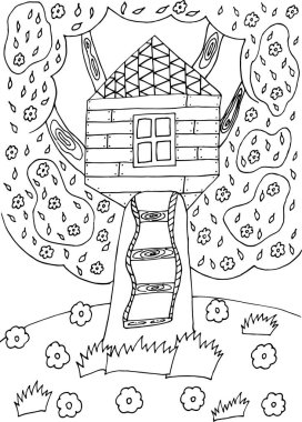 Açıklıkta merdiveni olan stres önleyici ağaç evi boyamak.