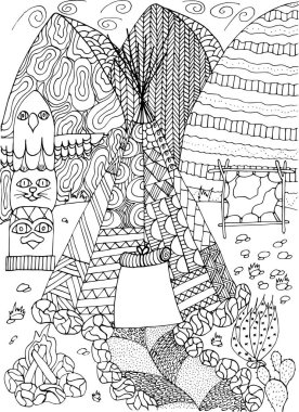 Dağların arka planına karşı boyama kitabı anti-stres çadırı