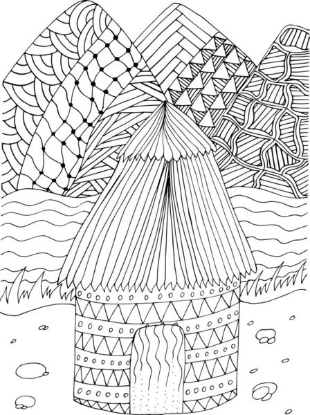 Розмальовка Антистресова Хатина Солом Яним Дахом Березі Річки — стоковий вектор