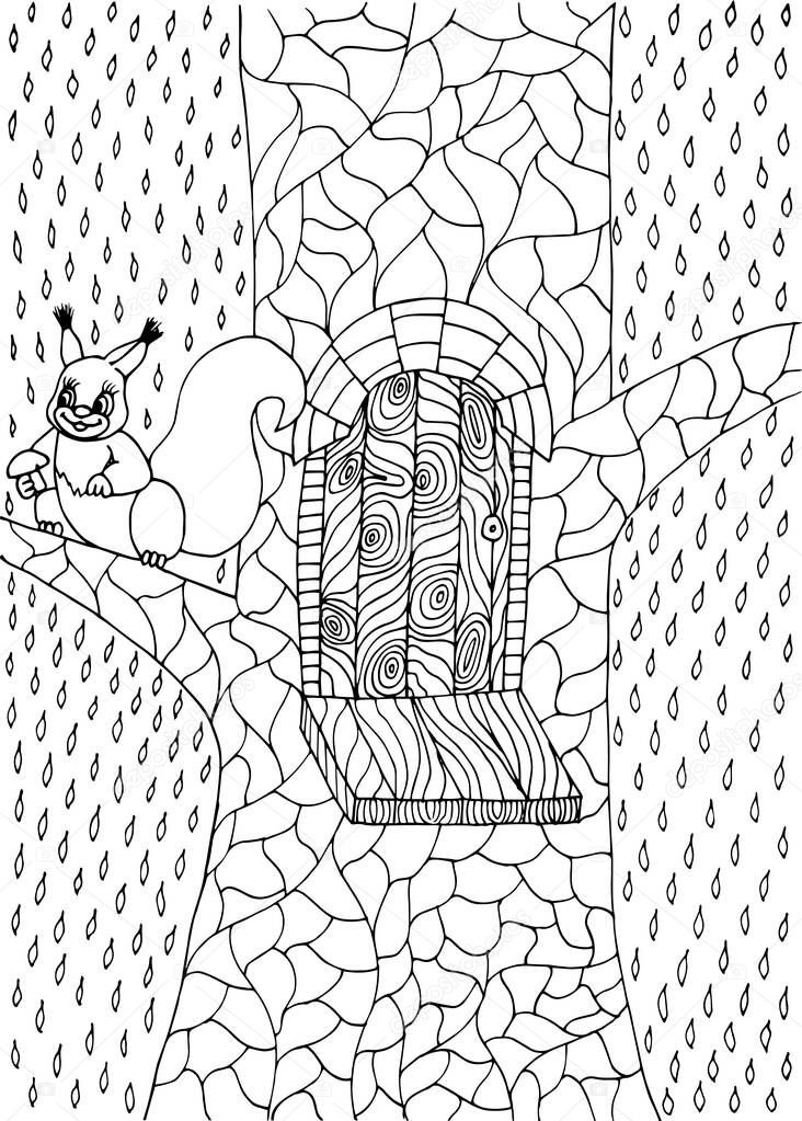 coloring book antistress house in the village near a squirrel with a mushroom