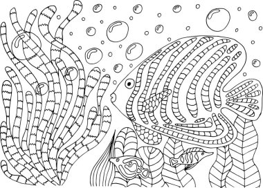 Algler ve mercanlardaki tropikal balıklar için boyama kitabı.