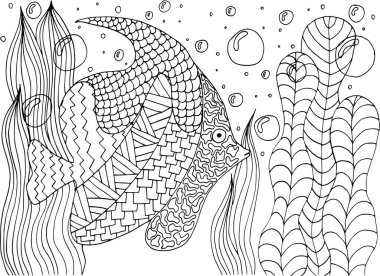 Algler ve mercanlardaki tropikal balıklar için boyama kitabı.