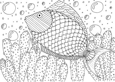 Algler ve mercanlardaki tropikal balıklar için boyama kitabı.