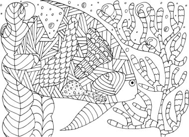 Algler ve mercanlardaki tropikal balıklar için boyama kitabı.