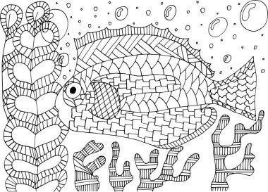 Algler ve mercanlardaki tropikal balıklar için boyama kitabı.