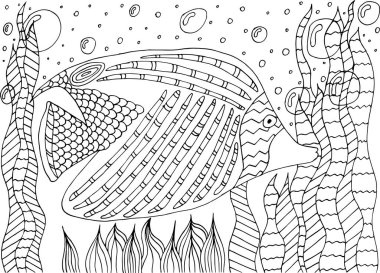 Algler ve mercanlardaki tropikal balıklar için boyama kitabı.