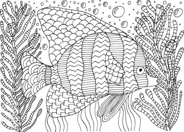 Algler ve mercanlardaki tropikal balıklar için boyama kitabı.
