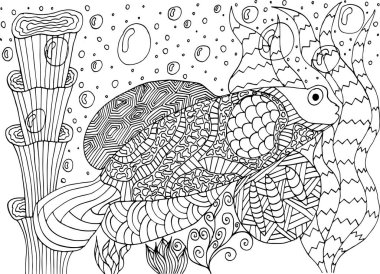 Algler ve mercanlardaki tropikal balıklar için boyama kitabı.