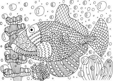 Algler ve mercanlarla tropikal balıklara karşı boyama kitabı