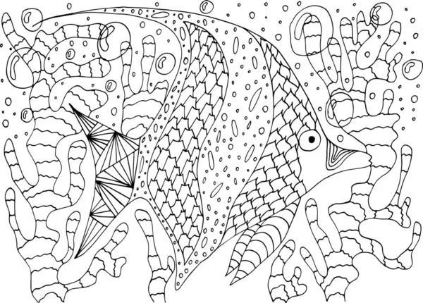 Розмальовка Антистресова Тропічна Риба Водоростях Коралах — стоковий вектор