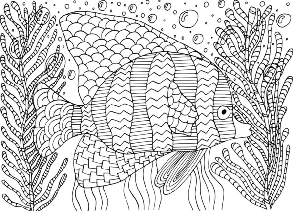 Розмальовка Антистресова Тропічна Риба Водоростях Коралах — стоковий вектор