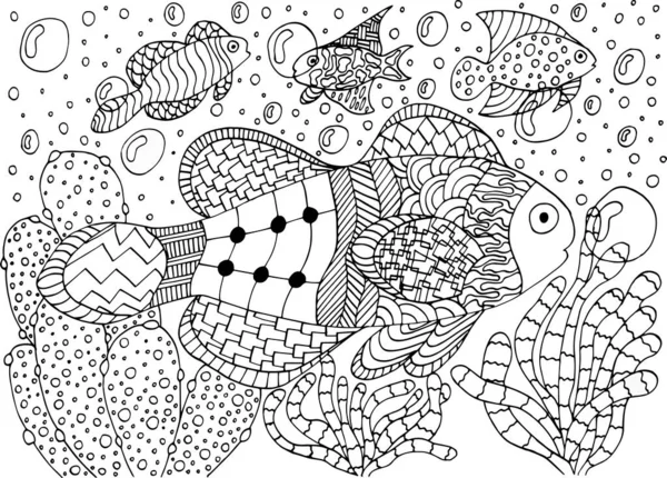 Algler Mercanlardaki Tropikal Balıklar Için Boyama Kitabı — Stok Vektör