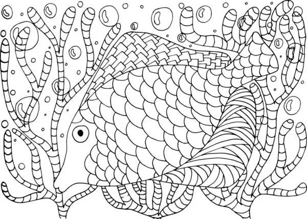 Coloring Book Antistress Tropical Fish Algae Corals — Stock Vector