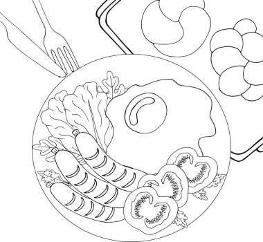 Stres önleyici yemek boyama kitabı Sosisli kahvaltı yumurtası