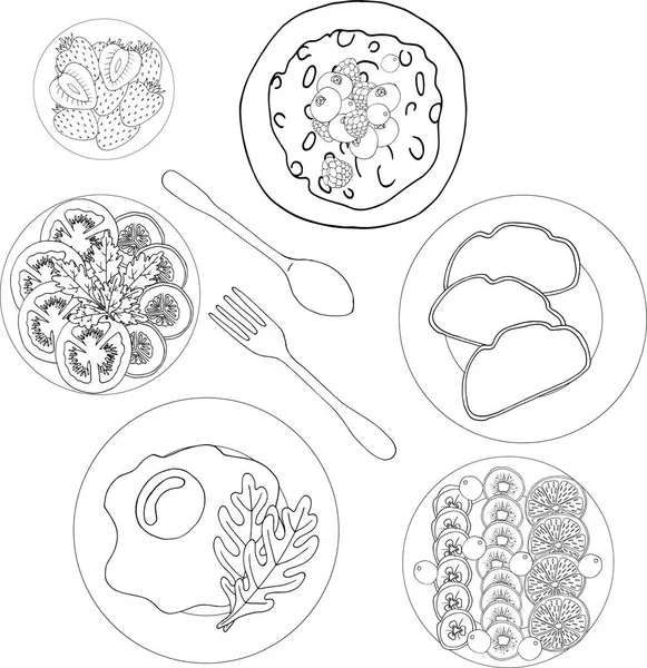 Раскраска Многих Различных Блюд — стоковый вектор
