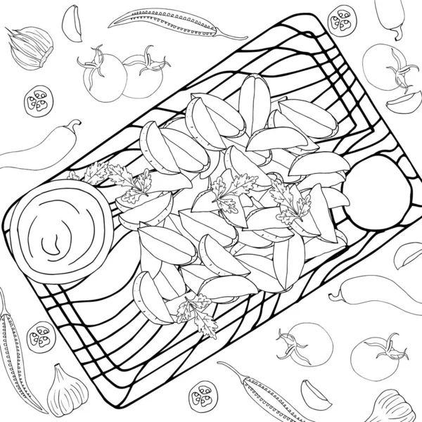 Livre Colorier Pommes Terre Alimentaires Antistress Avec Sauce Sur Planche — Image vectorielle
