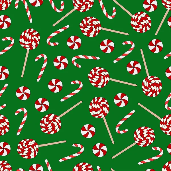 Weihnachten Nahtlose Muster Wallpaper Textil Karamell Auf Einem Grünen Hintergrund — Stockvektor