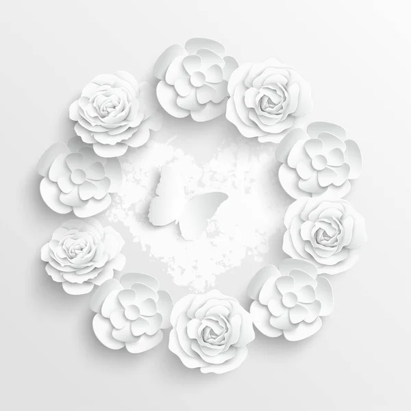 Flor Papel Marco Redondo Con Flores Cortadas Abstractas Rosa Blanca — Vector de stock