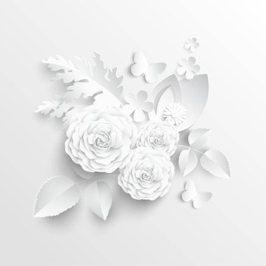 Kağıt çiçek. Kağıttan kesilmiş beyaz güller. Beyaz arka planda güzel bir kelebek ve kalp. Düğün süslemeleri. Tebrik kartı şablonu, boş çiçek dekoru. Arkaplan.