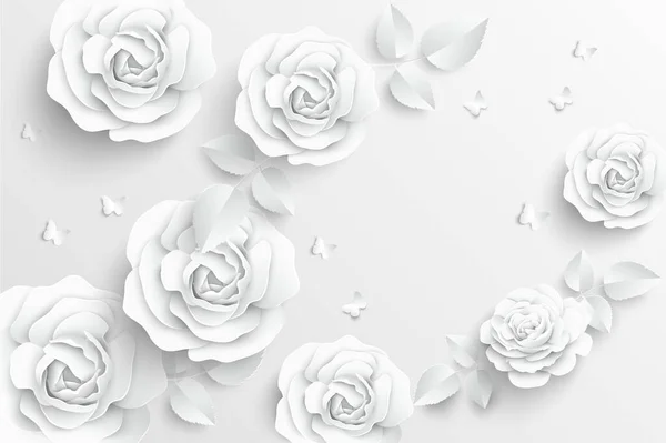 Паперова Квітка Білі Троянди Вирізані Паперу Прекрасний Метелик Серце Білому — стоковий вектор