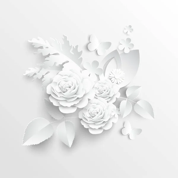 Paper flower. White roses cut from paper. Beautiful butterfly and heart on a white background. Wedding decorations. Greeting card template, blank floral wall decor. Background.