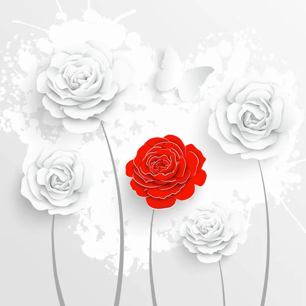 紙の花 白いバラは紙から切り取られた 白い背景に美しい蝶と心 結婚式の飾り グリーティングカードテンプレート 空白の花の壁の装飾 — ストックベクタ