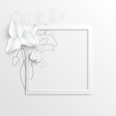 Kağıt çiçek. Soyut kesilmiş çiçekli kare çerçeve. Beyaz gül. Bir kalp. Düğün süslemeleri. Dekoratif gelin buketi. Beyaz arkaplanda tebrik kartı şablonu. Vektör illüstrasyonu.