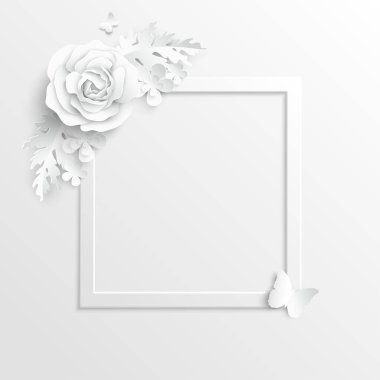 Kağıt çiçek. Soyut kesilmiş çiçekli kare çerçeve. Beyaz gül. Bir kalp. Düğün süslemeleri. Dekoratif gelin buketi. Beyaz arkaplanda tebrik kartı şablonu. Vektör illüstrasyonu.